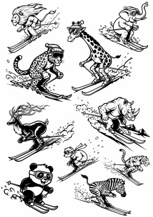 Illustrated Animals Skiing Black and White Vector Set Free Vector