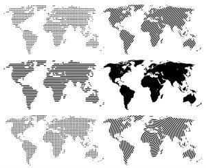 Set of Six Stylized World Map Vector Designs with Different Line and Dot Patterns Free Vector