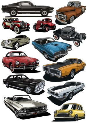Collection of Various Classic Vintage Cars Vector Illustrations Free Vector