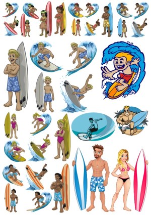 Diverse Surfing Characters and Waves Vector Set Free Vector