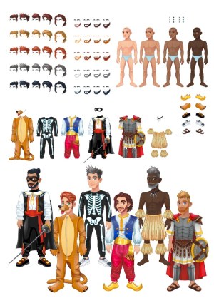 Male Character Dress-Up Vector Set with Multiple Hairstyles, Beards, Skin Tones, and Costumes Free Vector