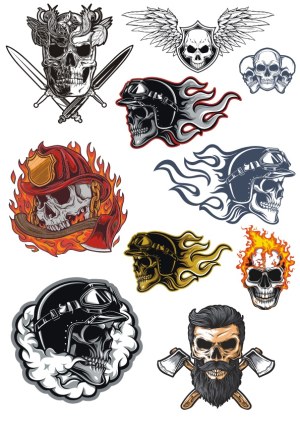 Skull and Skeleton Biker and Flaming Firefighter Vector Collection Free Vector