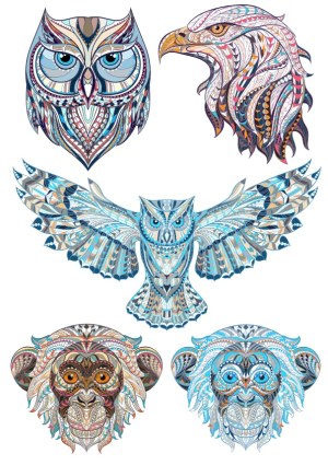 Intricate Stylized Bird and Monkey Faces with Patterned Details Free Vector