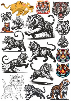 Collection of Tiger and Cub Vector Illustrations and Stylized Heads Free Vector