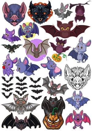 Vector Set of Cartoon and Realistic Bat Illustrations for Halloween Free Vector