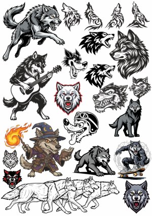 Collection of Wolves and Wolf-themed Characters Vector Illustrations Free Vector