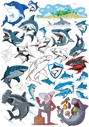 Shark Cartoon and Vector Collection with Island Scene Free Vector