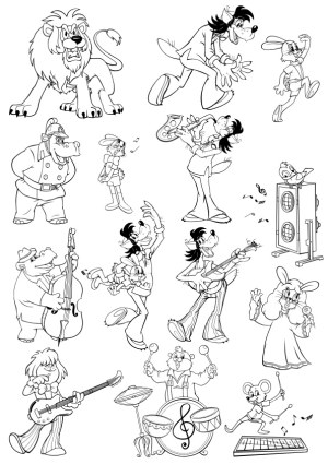Black and White Cartoon Animals Playing Musical Instruments Free Vector