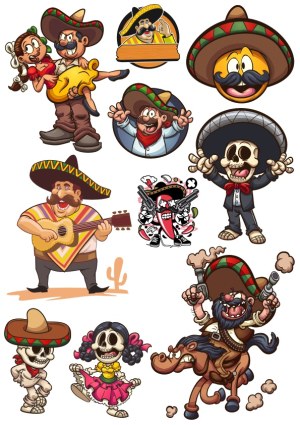 Mexican Themed Cartoon Characters with Sombreros and Skeletons Free Vector