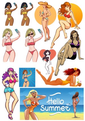 Vector Illustrations of Women in Summer Swimwear and Beach Scenes Free Vector