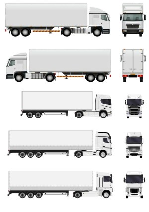 Set of Vector Semi-Trucks with Cargo Trailers in Side and Front Views Free Vector
