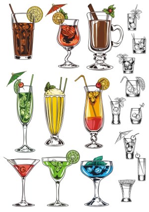 Hand Drawn Colorful Cocktail and Beverage Vector Illustrations Free Vector