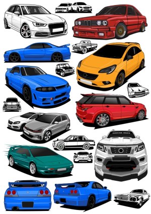 Set of Vector Illustrations of Various Cars in Different Styles and Colors Free Vector