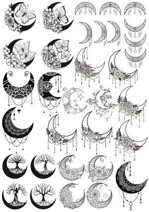 Decorative Crescent Moon Collection with Floral, Butterfly, Tree, and Mandala Designs Free Vector