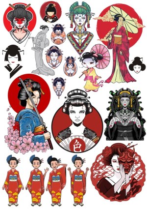 Collection of Japanese Geisha and Samurai Inspired Vector Illustrations Free Vector
