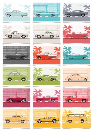 Retro and Classic Cars Vector Collection with Colorful Backgrounds Free Vector