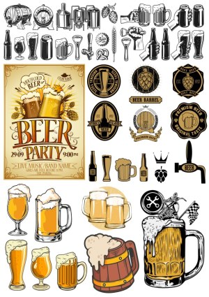 Beer Party Vector Illustrations and Labels Collection Free Vector