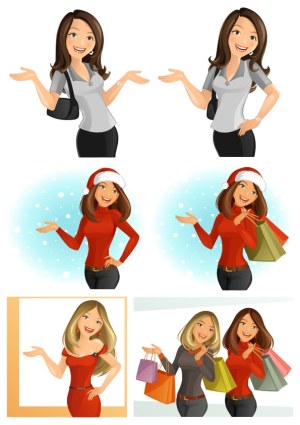Vector Illustrations of Smiling Women Posing and Shopping in Casual and Festive Outfits Free Vector