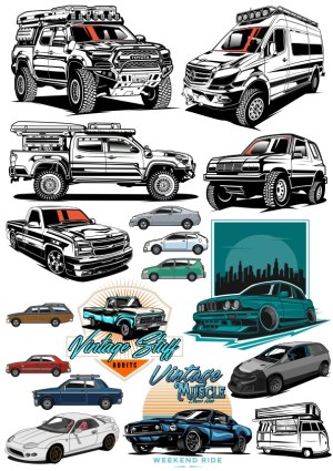 Detailed Vector Illustrations of Various Cars and Trucks Free Vector