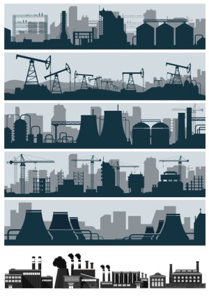 Industrial and Energy Industry Silhouettes with Factories, Oil Pumps, and Construction Cranes Free Vector
