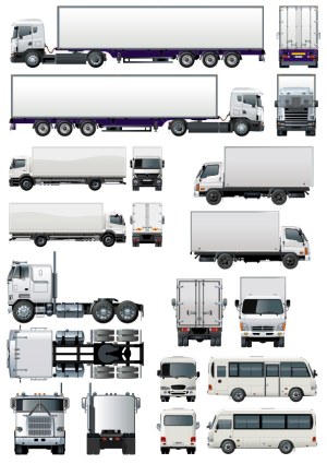 Set of Detailed Delivery Trucks and Bus Vector Illustrations in Multiple Views Free Vector