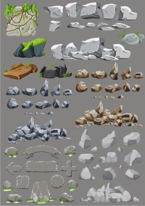 Cartoon Style Stone and Rock Elements with Foliage Free Vector