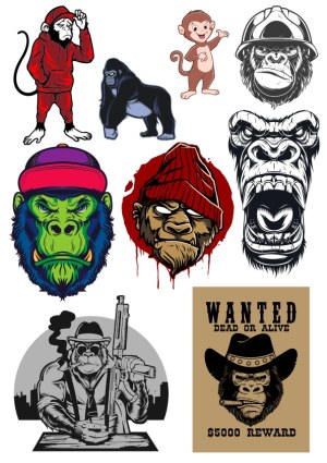 Collection of Stylized Monkey and Gorilla Vector Illustrations Free Vector