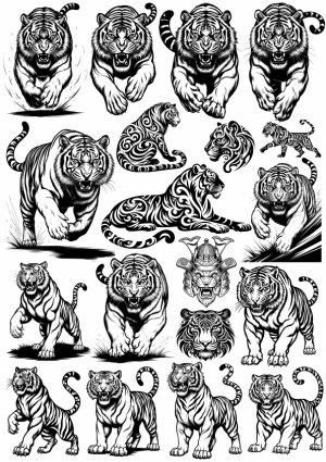 Collection of Black and White Vector Tiger Illustrations Free Vector