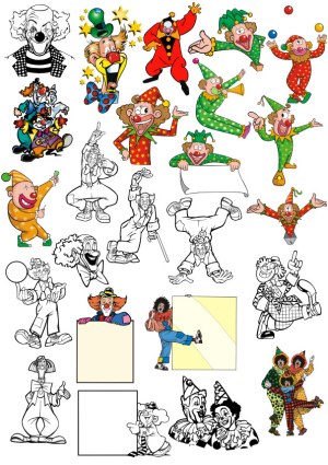 Colorful and Black & White Clown Illustrations with Various Expressions and Poses Free Vector
