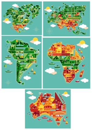 Stylized Vector Maps of Continents with Regional Landmarks Free Vector