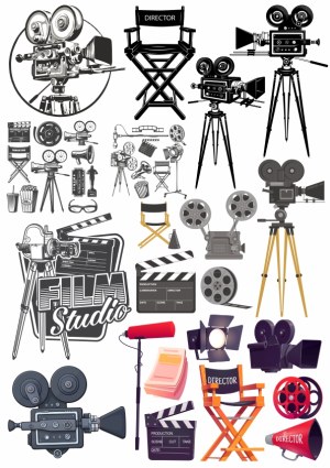 Vector Collection of Classic Film Studio Equipment and Director Essentials Free Vector