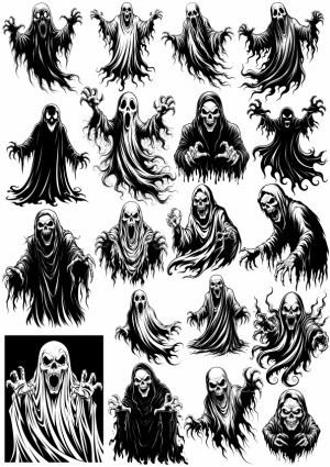 Collection of Black and White Scary Ghost and Grim Reaper Illustrations Free Vector