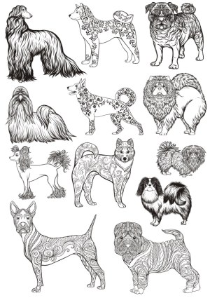 Intricately Detailed Black and White Dog Breed Illustrations Free Vector