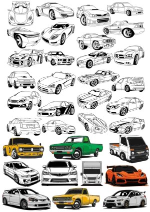 Collection of Sports Cars, Classic Cars, Pickup Trucks and Trucks Vector Illustrations Free Vector
