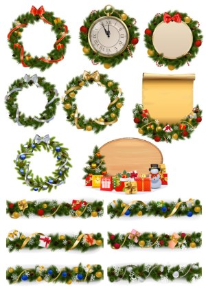 Christmas and New Year Decorative Wreaths, Garlands, and Gift Frames Free Vector