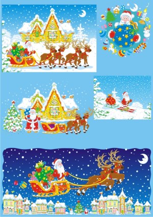 Christmas Santa Claus with Reindeer and Winter Village Scenes Free Vector