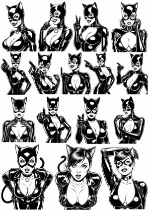 Black and White Catwoman Comic Style Character Poses Free Vector