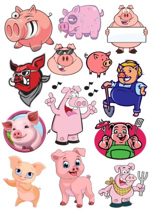 Collection of Cartoon Pig Characters in Various Styles and Poses Free Vector