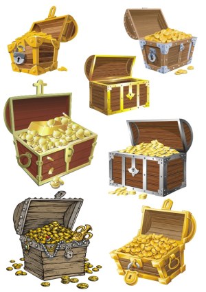 Collection of Open Treasure Chests Filled with Gold Coins Free Vector