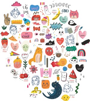 Colorful Doodle Collection with Faces, Animals, Fruits, and Text Free Vector
