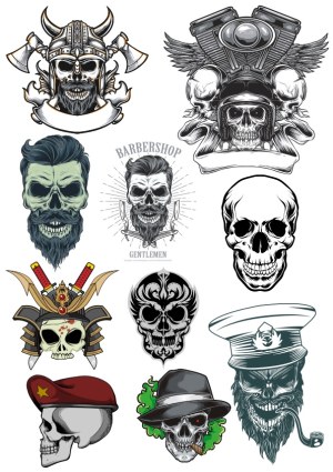 Skull-Themed Vector Illustrations Set with Helmets, Hats, and Beards Free Vector