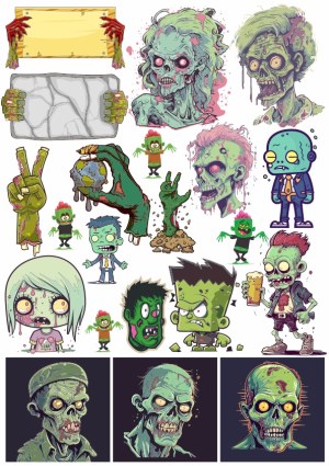 Cartoon and Creepy Zombie Characters and Hands Vector Set Free Vector