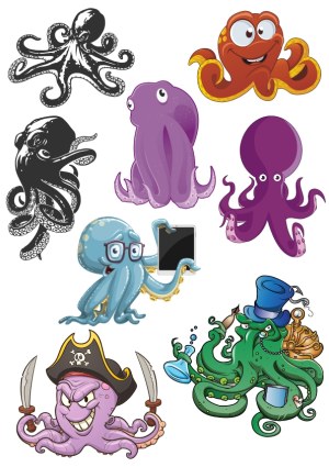 Set of Cartoon and Stylized Octopus Characters Free Vector