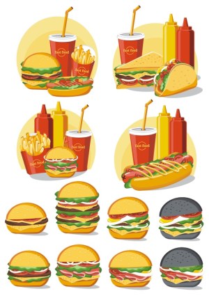 Vector Collection of Fast Food Meals and Burgers with Drinks and Condiments Free Vector