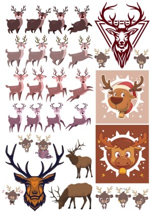 Various Cartoon and Stylized Reindeer and Moose Vector Illustrations Free Vector