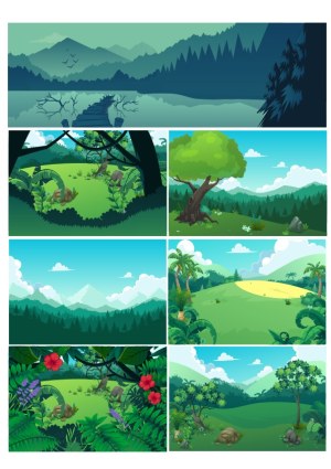 Natural Landscape Vector Backgrounds with Forests and Mountains Free Vector