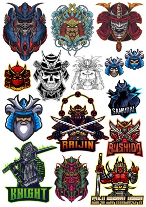 Samurai and Oni Warrior Vector Badge Set Free Vector