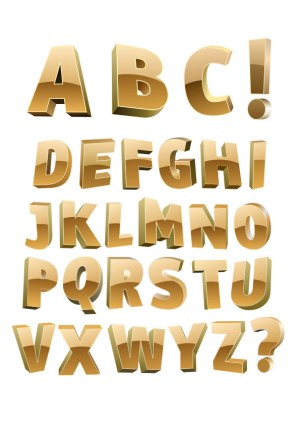 3D Gold Alphabet Letters with Exclamation and Question Marks Free Vector