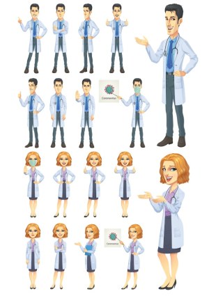 Male and Female Doctor Cartoon Character Poses with Coronavirus Sign Free Vector