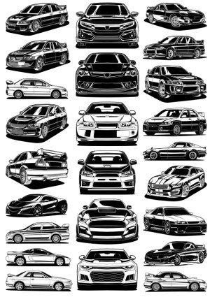 Black and White Vector Illustrations of Various Sports Cars Free Vector